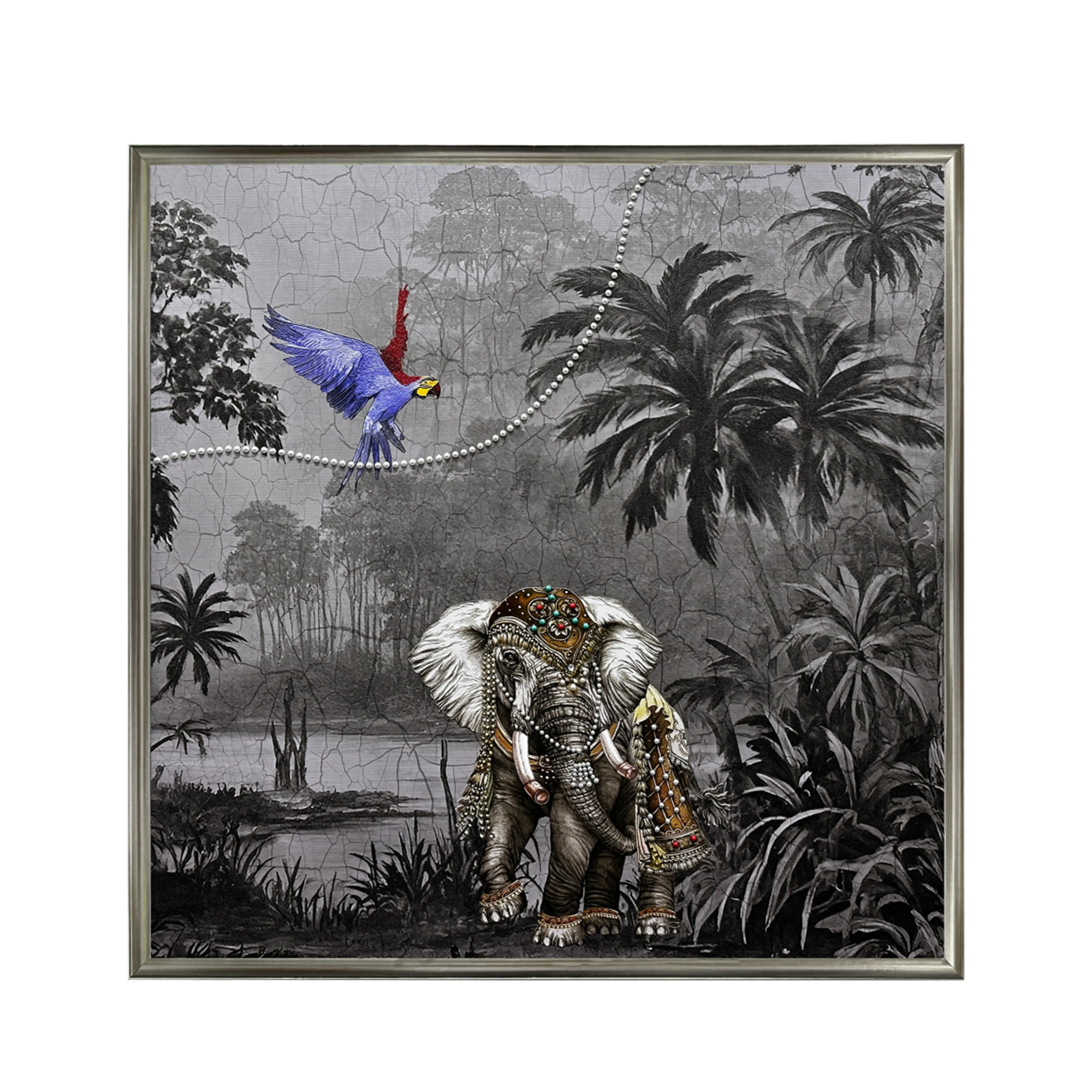 Textured elephant wall art with pearl inlay, showcasing detailed jungle elements for home decor.