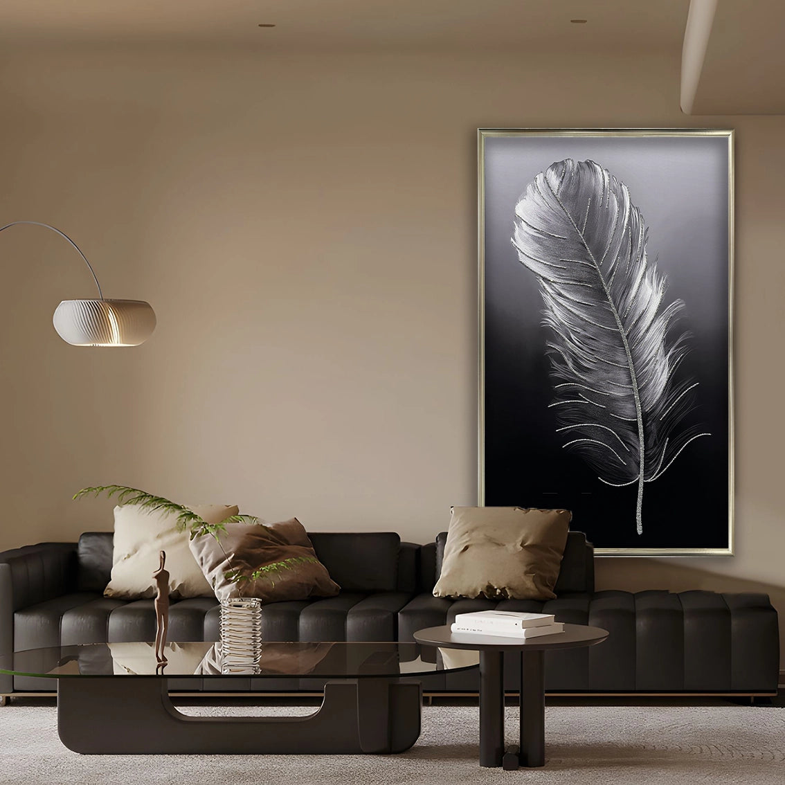 Textured feather wall art with diamond inlay, creating a stylish focal point for modern living rooms.