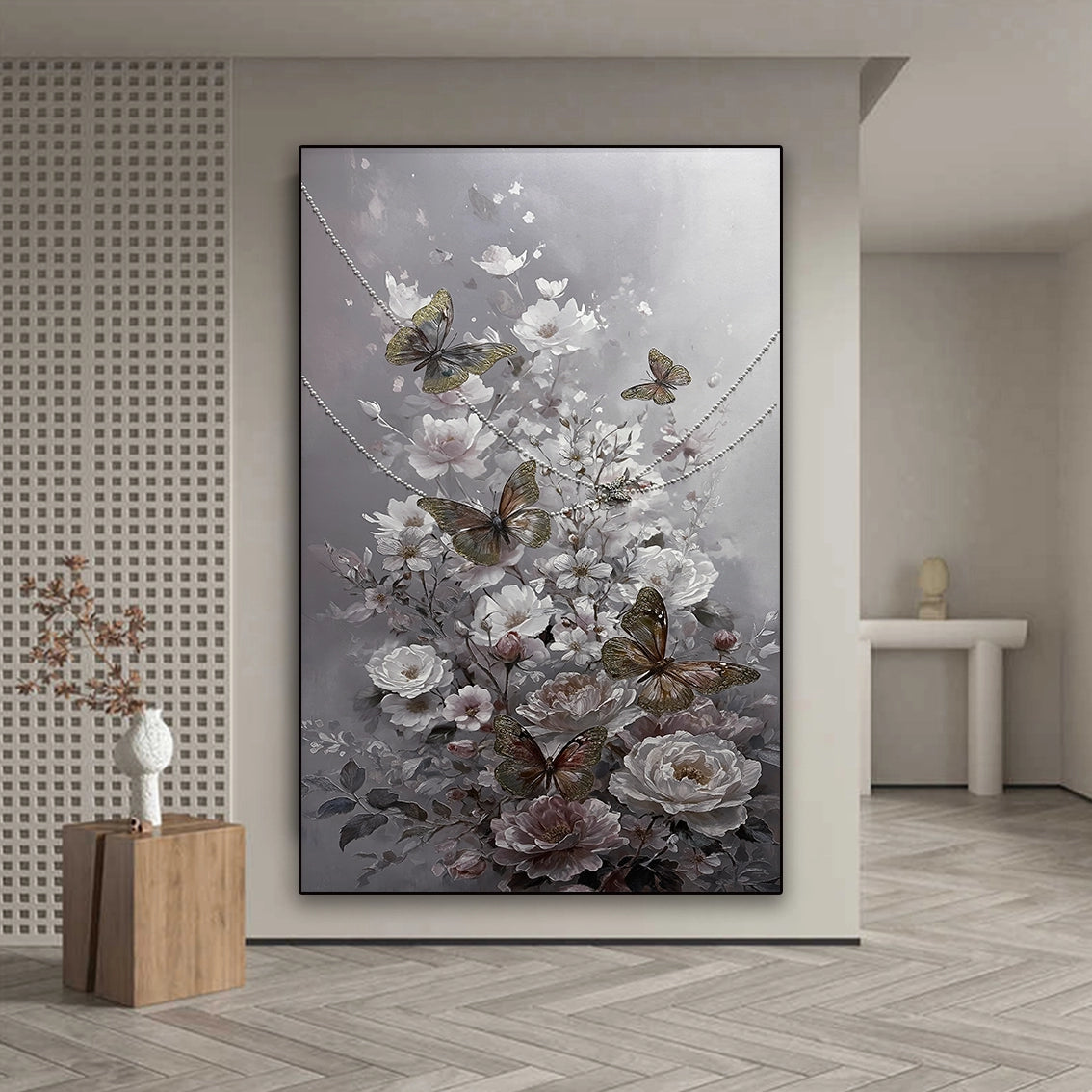 Textured floral butterfly wall art with pearl inlay, ideal for bright modern hallway decor.