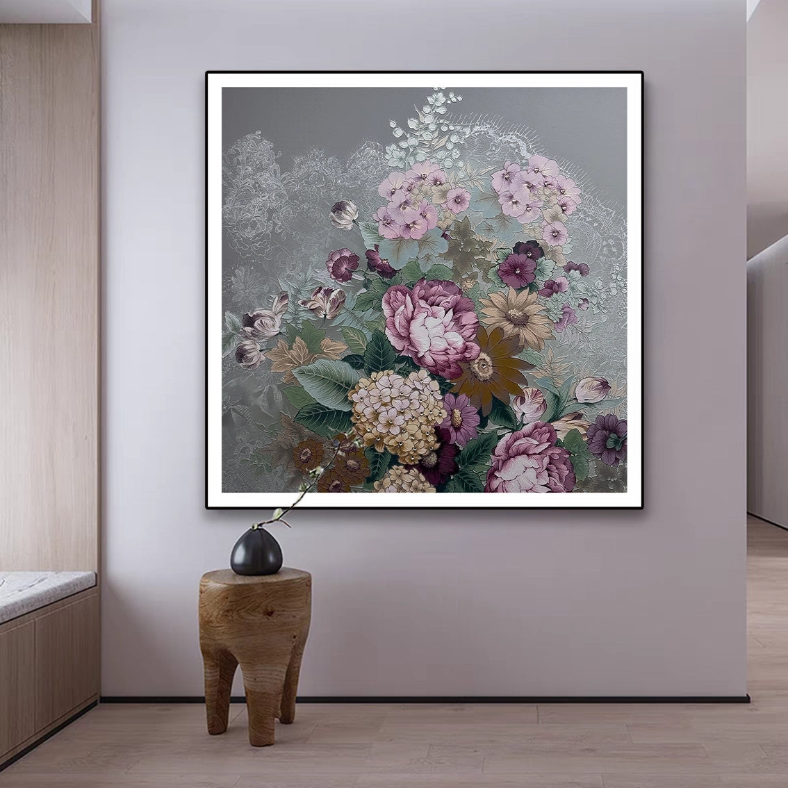 Textured floral wall art with diamond inlay displayed as stylish wall decor in a contemporary hallway interior.