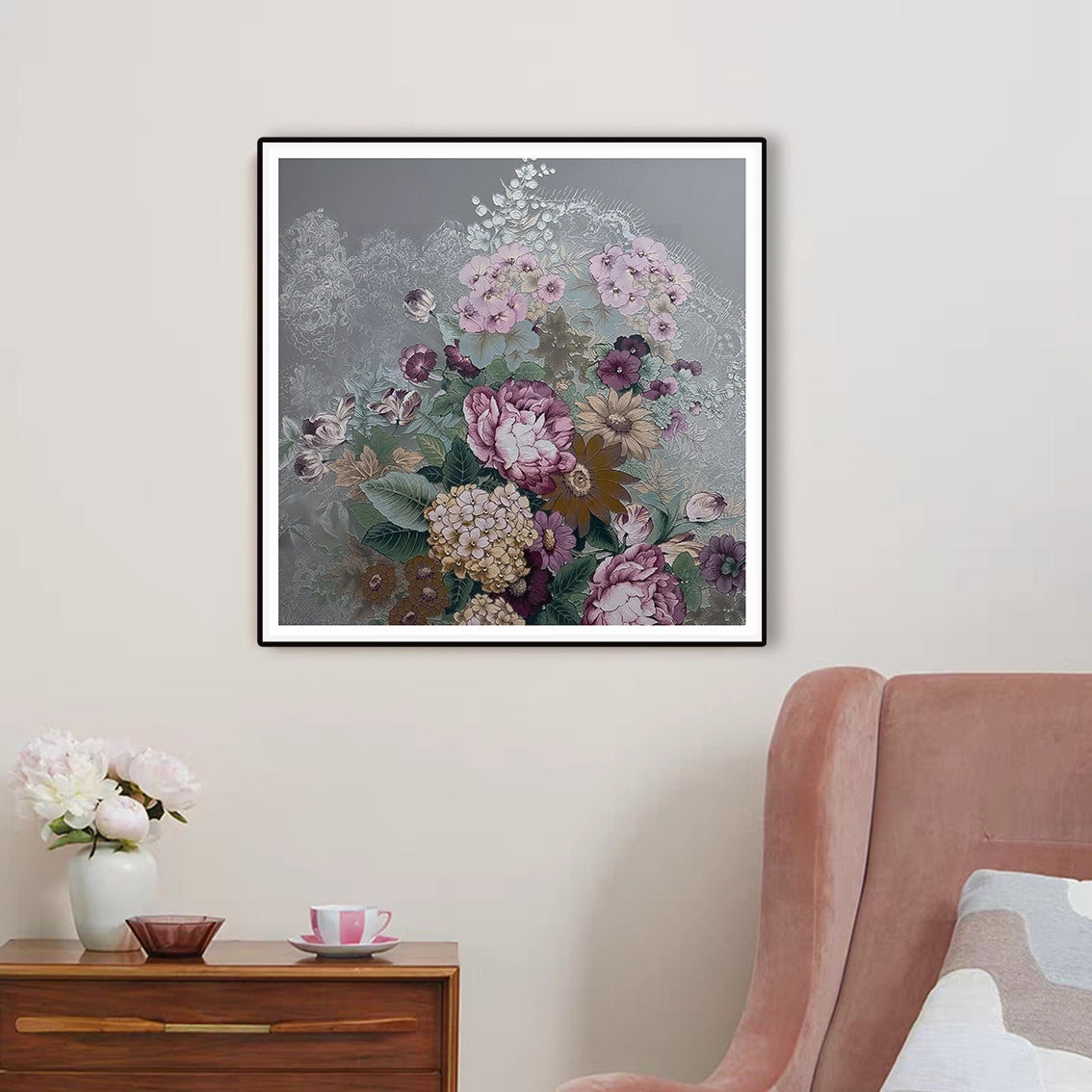 Textured floral wall art with diamond inlay displayed as elegant wall decor enhancing a cozy living room setting.
