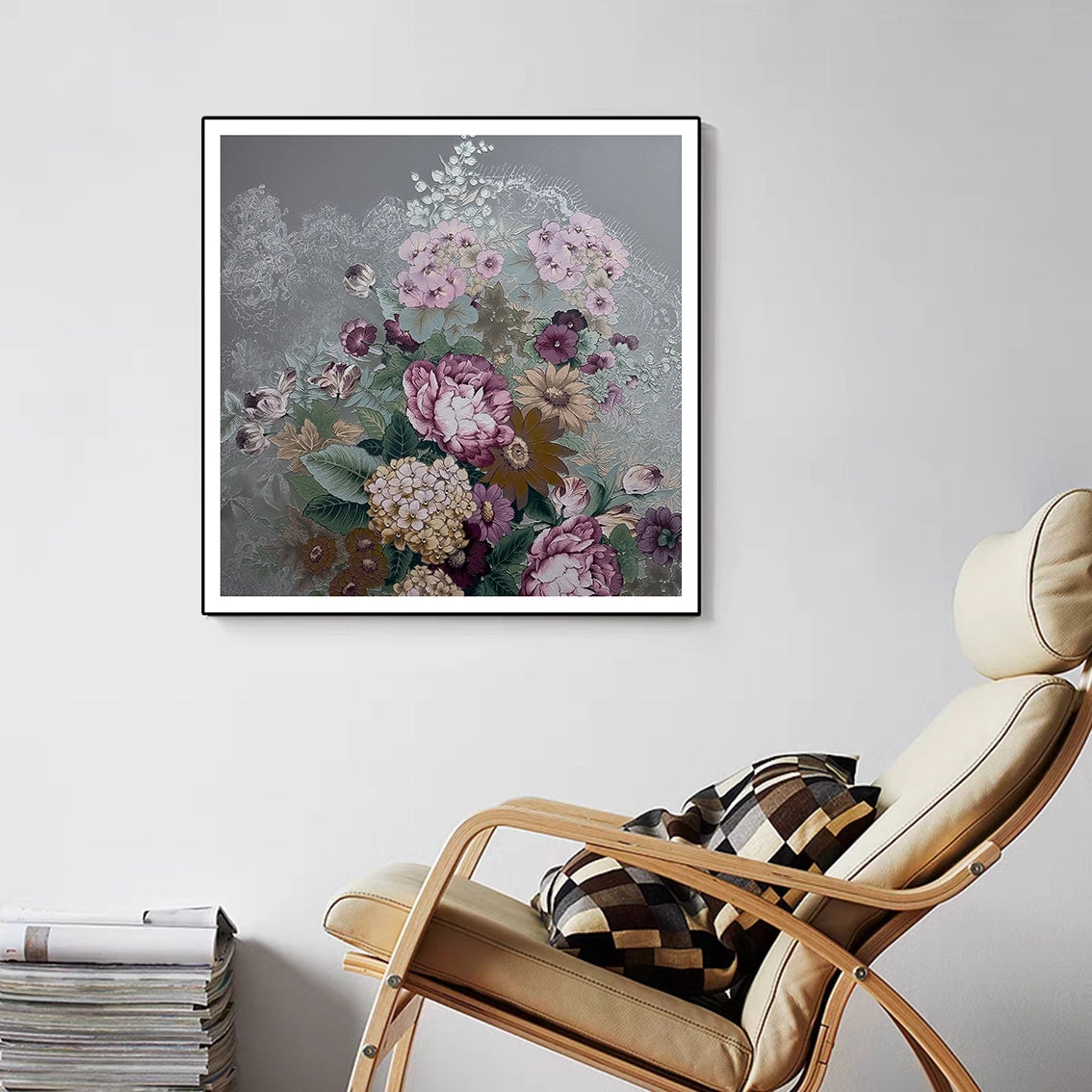 Textured floral wall art with diamond inlay displayed as elegant wall decor enhancing a modern reading corner.