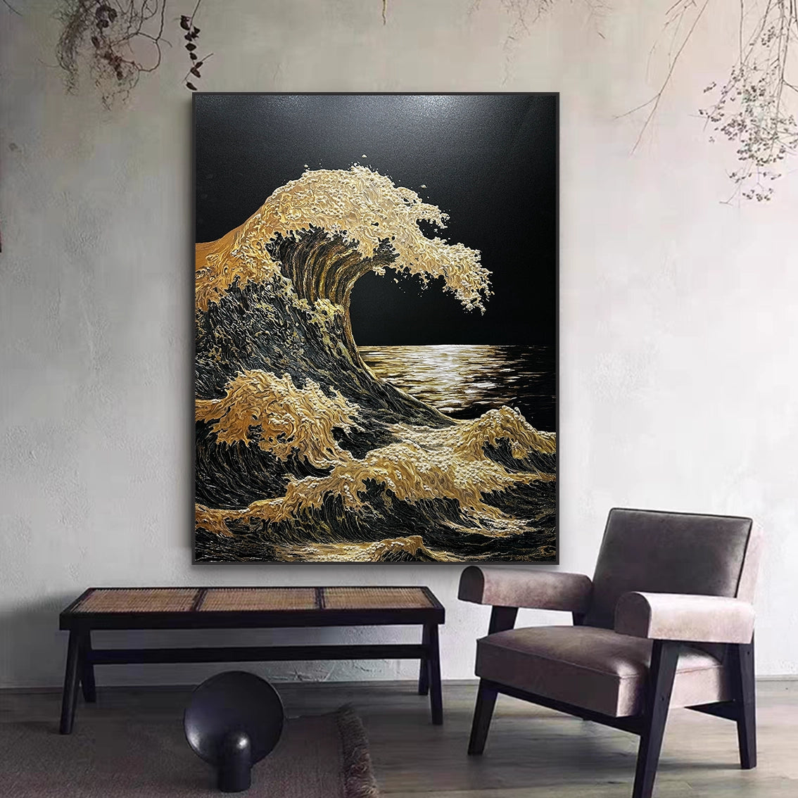 Textured golden wave wall art for minimalist living room decor.