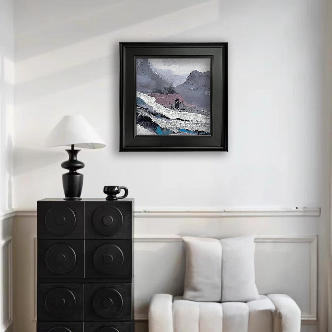 Textured mountain wall art with floral relief displayed in a modern living room, elegant wall decor.