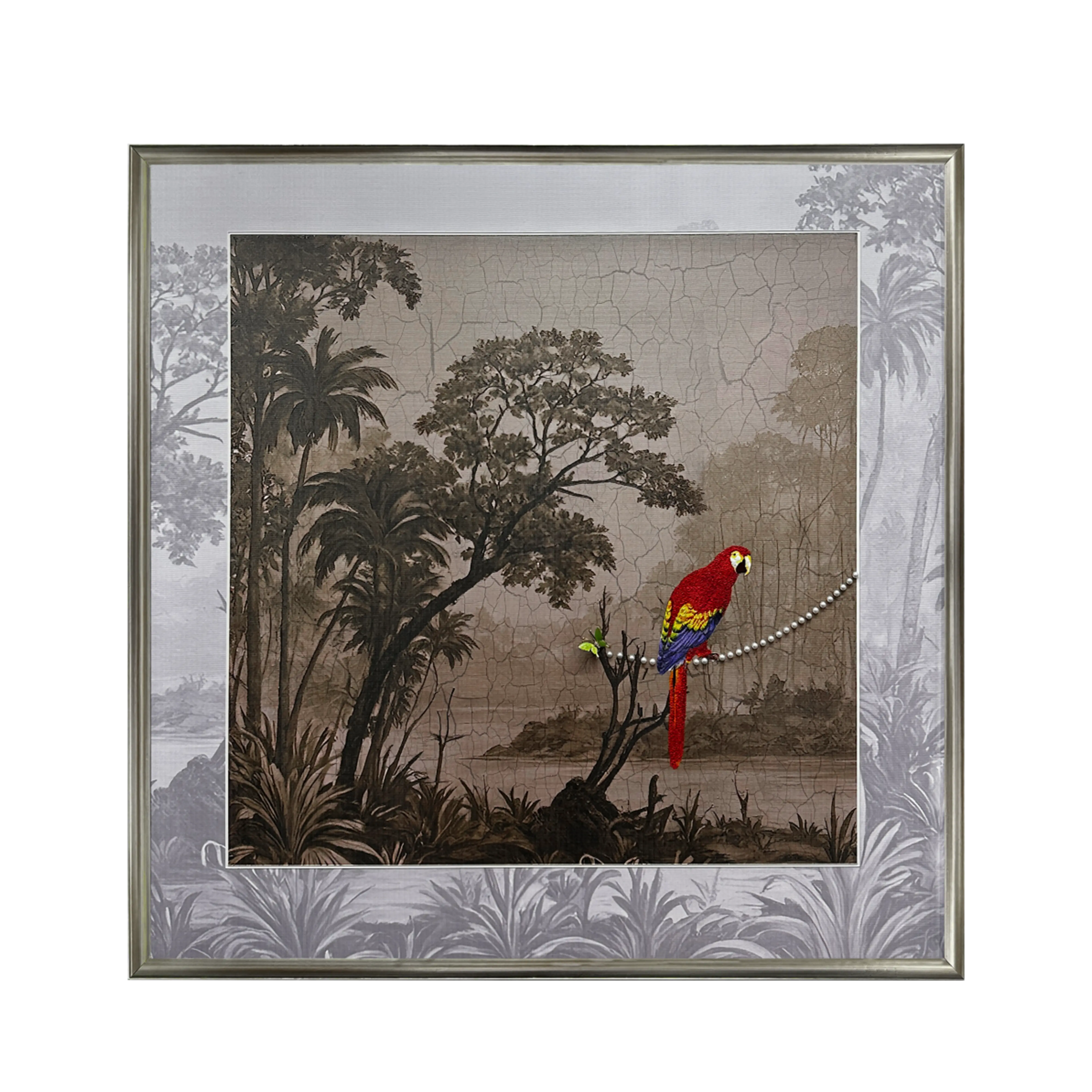 Textured parrot wall art with pearl inlay, featuring jungle scenery for modern wall decor.