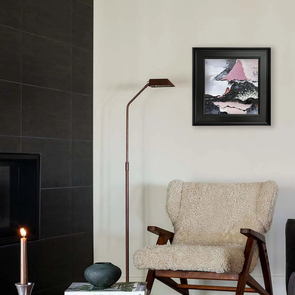 Textured abstract wall art with pearl inlay, styled in a modern living space for elegant home decor.