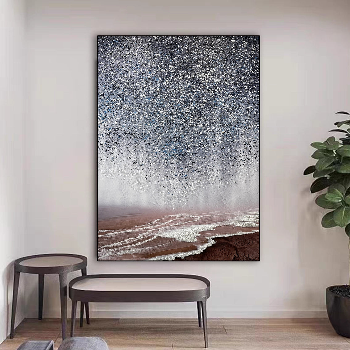 Textured pearl-crystal seascape wall art, modern wall decor for living room and contemporary interiors.