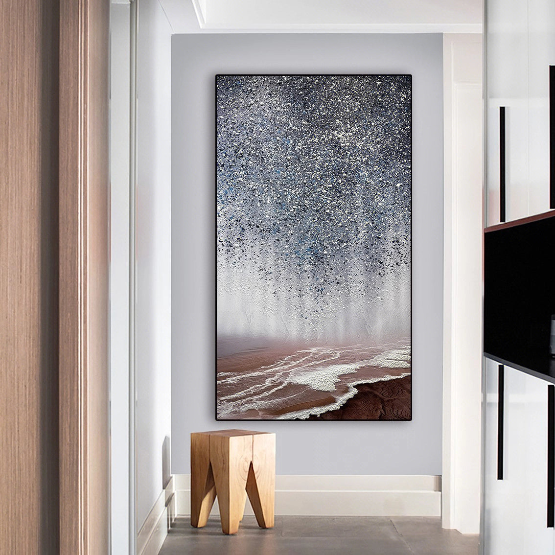 Textured pearl diamond ocean wall art in modern hallway, featuring heavy texture and elegant coastal decor.