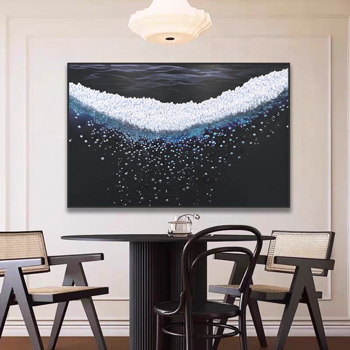 Textured pearl ocean wave wall art for living room in modern dining space.