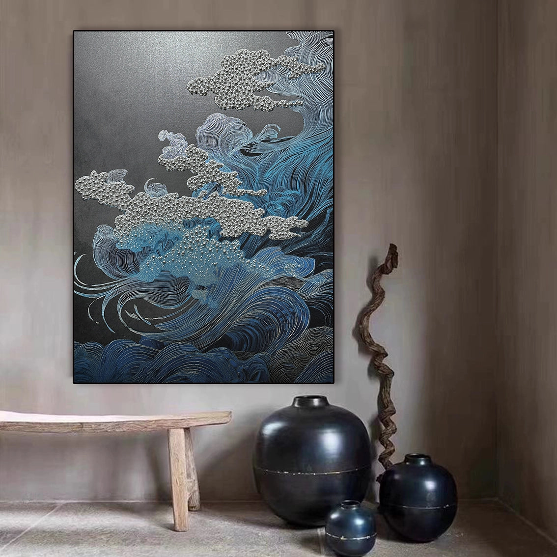 Textured pearl-inlay abstract wave wall art in modern entryway, elegant wall decor for home interiors.