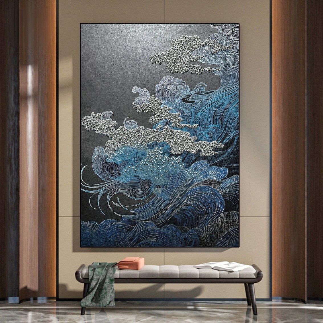 Elegant textured pearl wave wall art for living room decor, featuring abstract blue waves and pearl details.