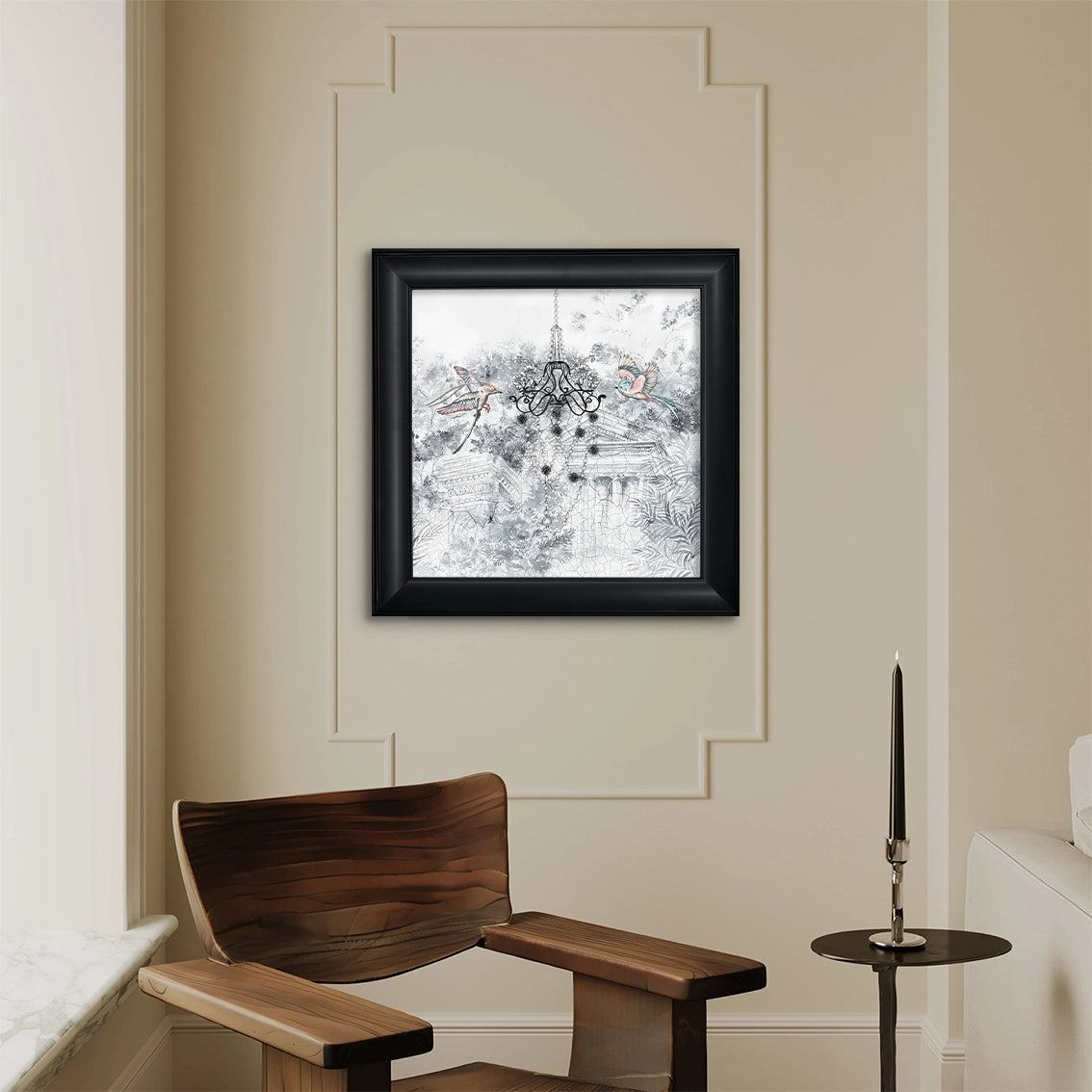 Textured wall art with chandelier and birds, featuring pearl inlay details. Ideal for minimalist wall décor in modern homes.