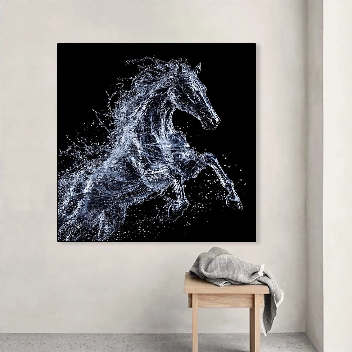 Textured galloping horse wall art with diamond inlay shown in a clean minimalist room for modern decor.
