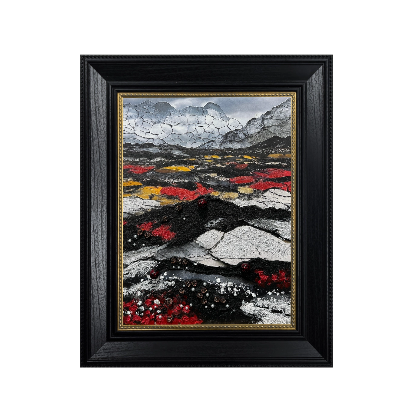 Textured wall art with pearl inlay in black, white, and red tones, ideal for contemporary luxury wall décor.