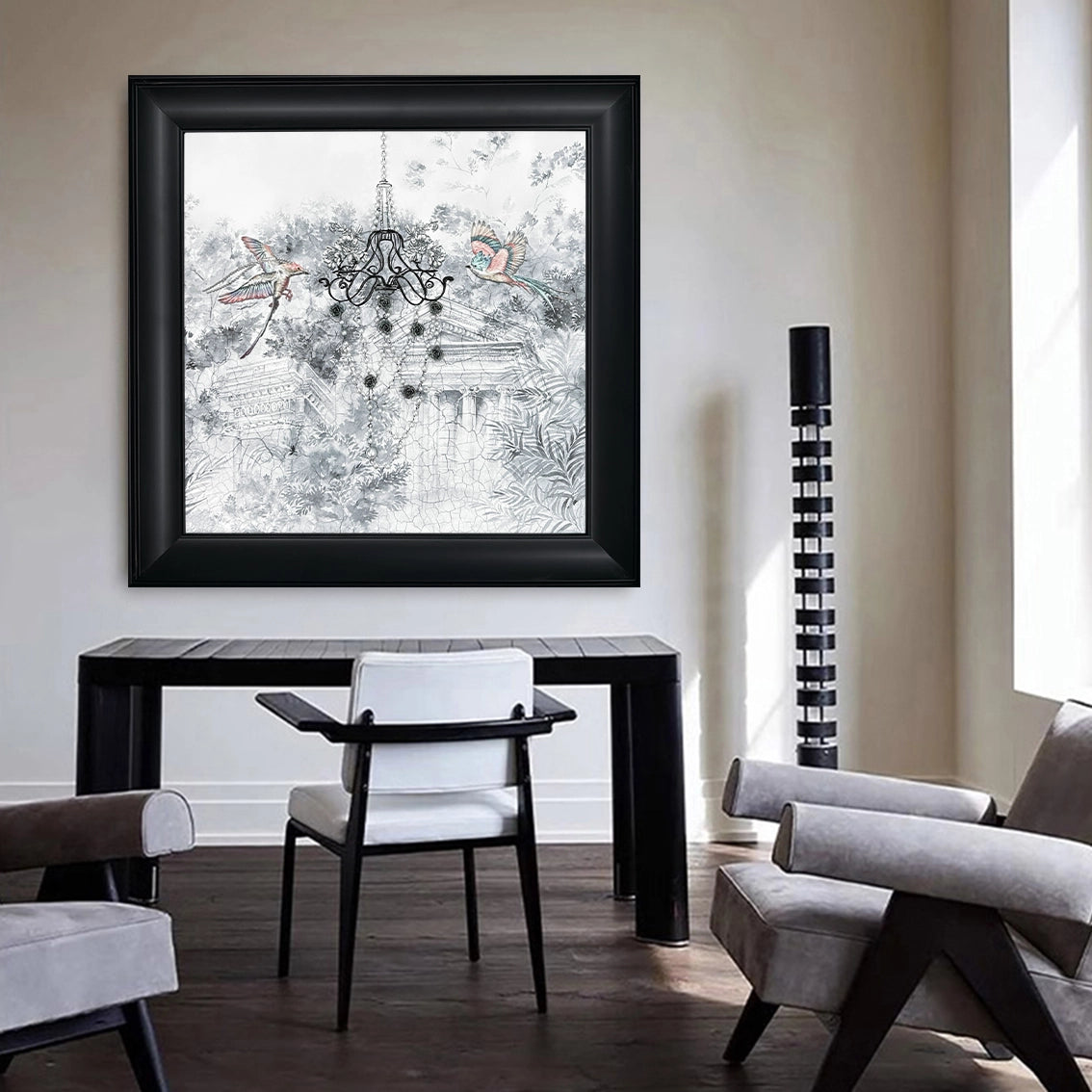 Textured wall décor with chandelier and birds, pearl inlay, and abstract minimalist style. Perfect for modern interior art.