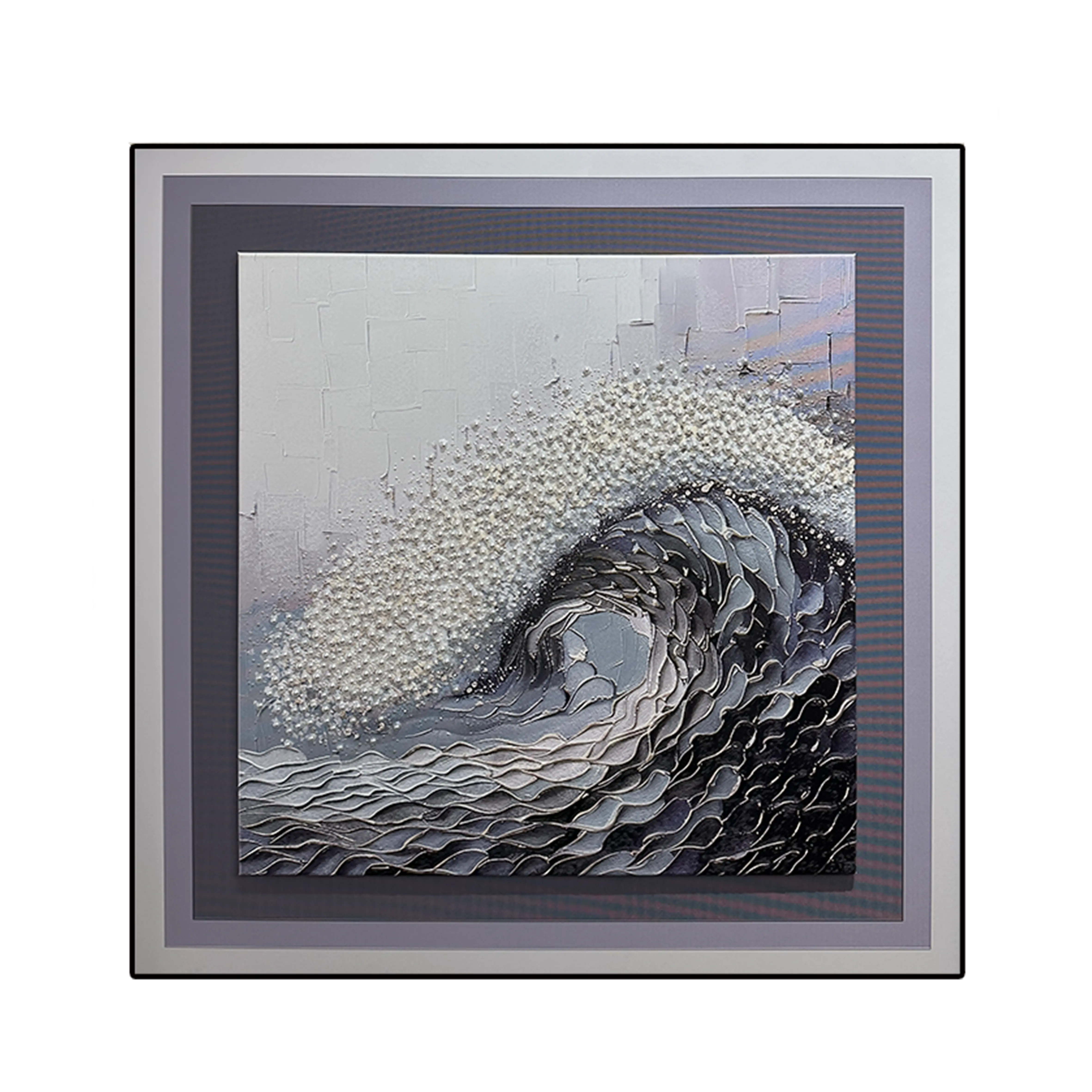 Textured wave wall art with refined pearl inlay shown as modern wall decor highlighting rich layers and decorative detail.