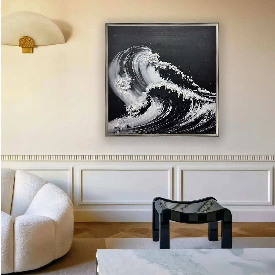 Textured wave wall art with pearl inlay, shown as elegant modern wall decor enhancing a stylish living room interior.