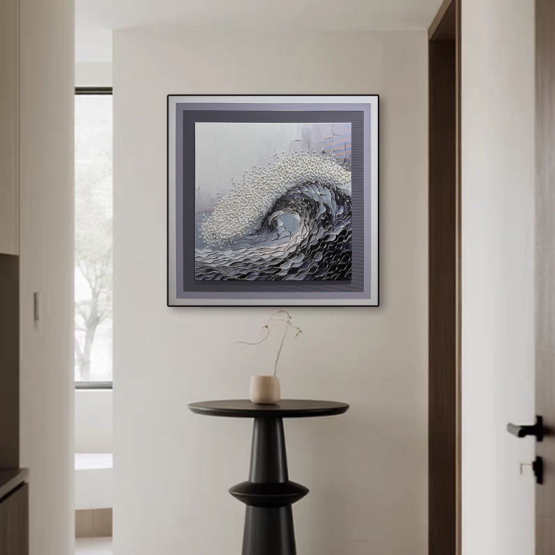 Modern textured wave wall art with pearl inlay displayed as elegant wall decor in a minimalist hallway interior.