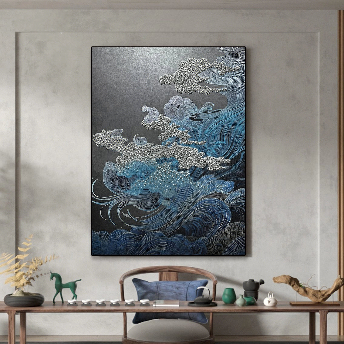 Modern textured wave wall art with pearl details styled in contemporary dining space, artistic wall decor.