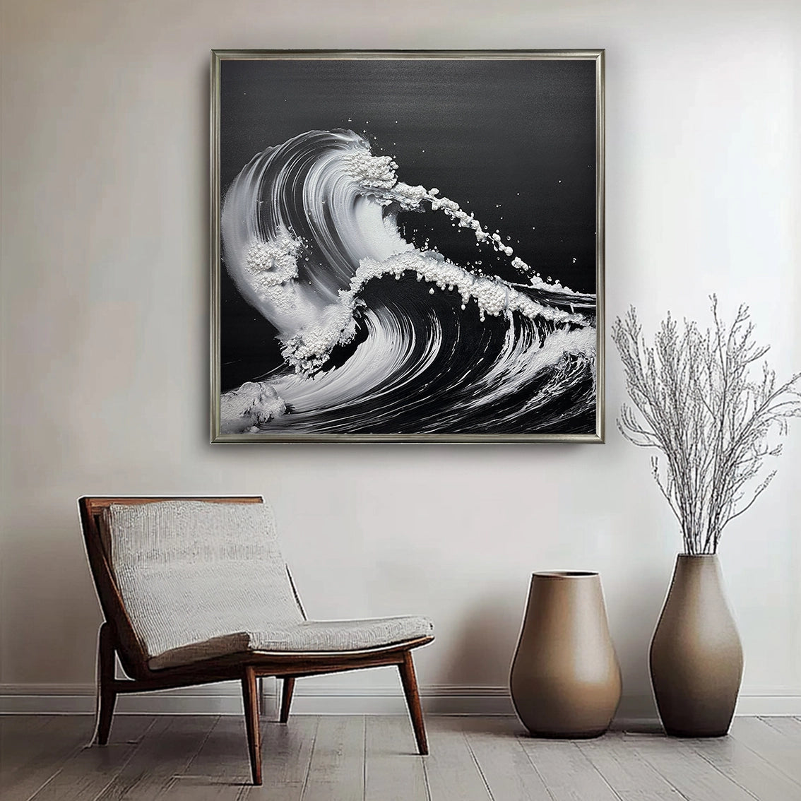 Wave wall art with heavy texture and pearl inlay, presented as modern wall decor elevating minimalist home interiors.
