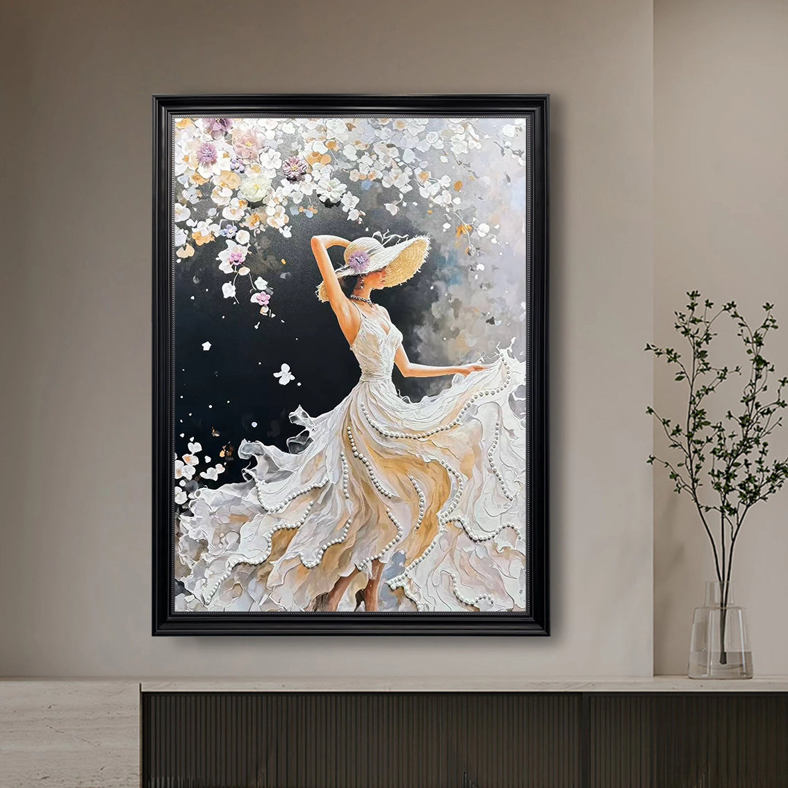 Textured woman wall art with pearl inlay, featured in a clean contemporary space for elegant luxury wall decor.