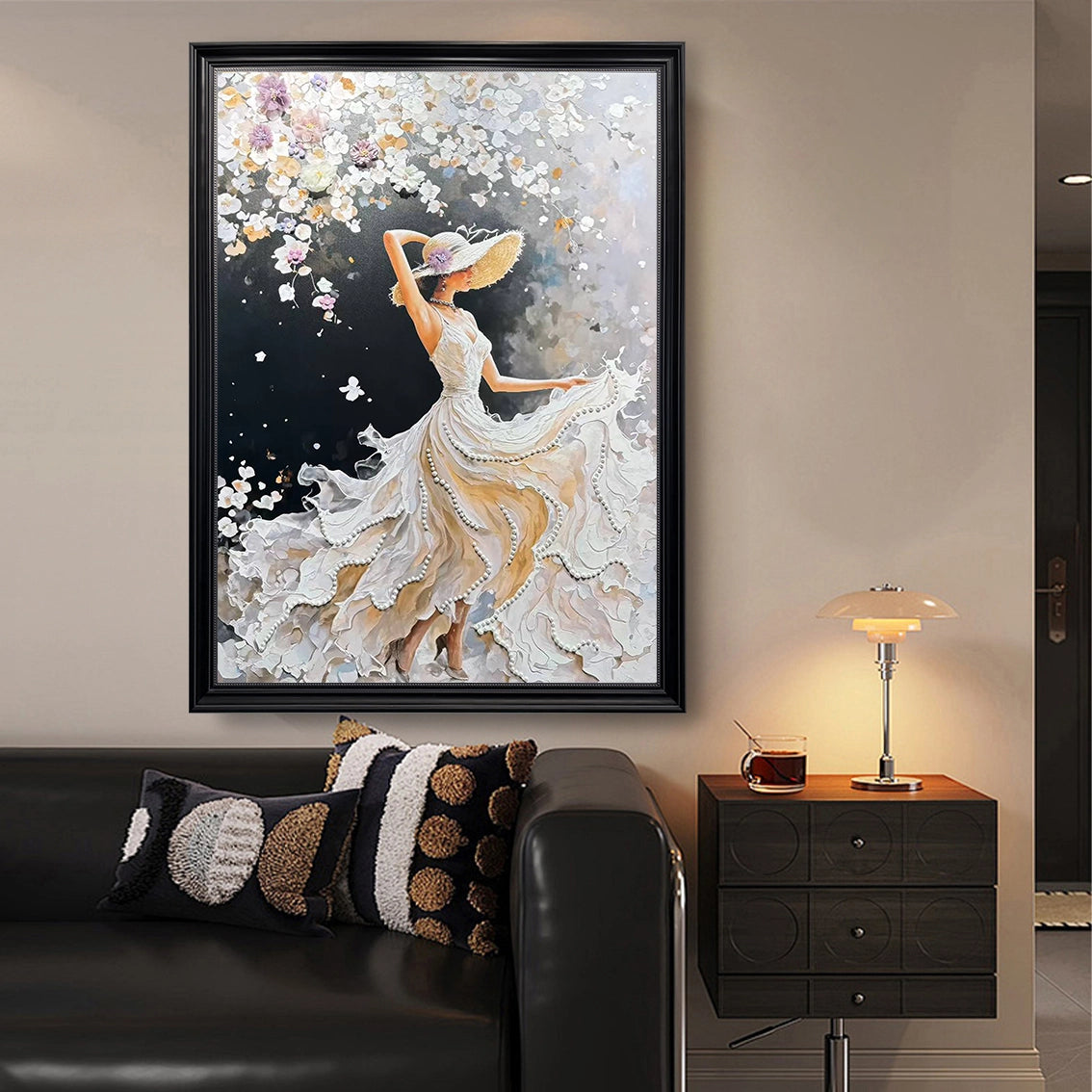 Textured woman wall art with pearl inlay, styled in a modern living room to create elegant luxury wall decor.