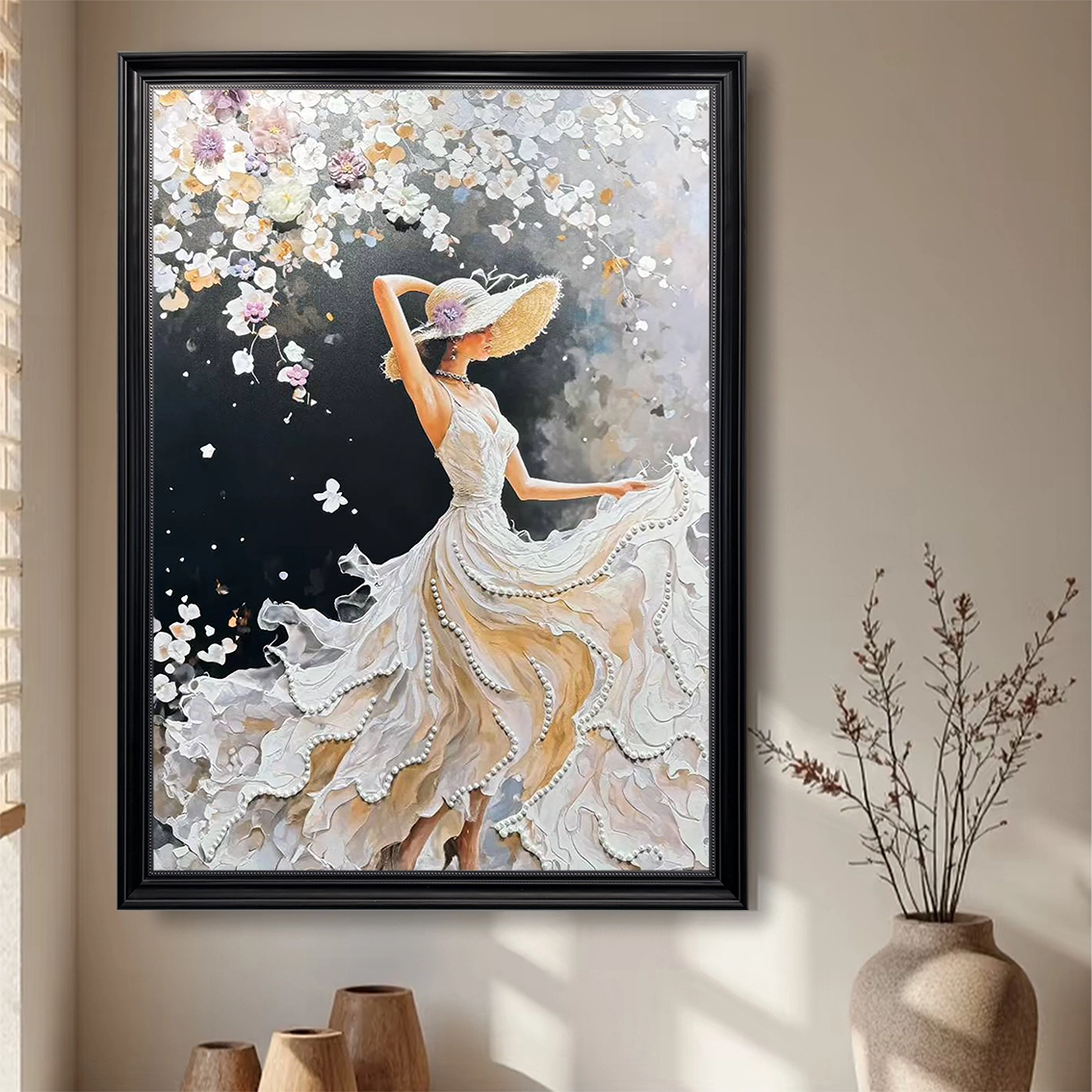 Textured woman wall art with pearl inlay, shown in natural light to highlight handcrafted texture and modern wall decor.