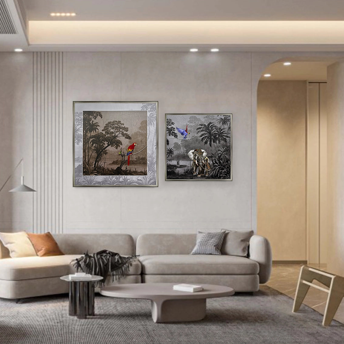Tropical forest wall art diptych with pearl inlay, featuring parrot and elephant for living room décor