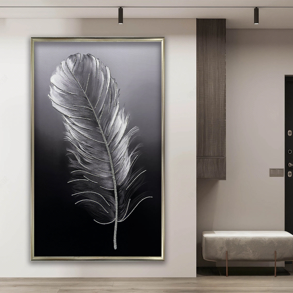 Vertical feather wall art with textured finish and diamond inlay, ideal for entryway and living spaces.