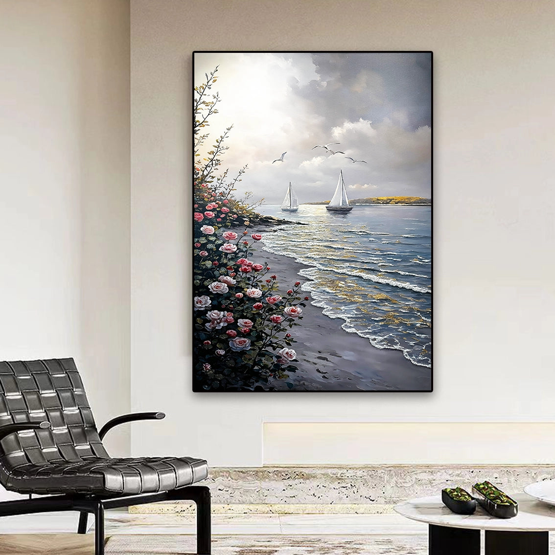 Vertical seaside floral textured wall art with pearl crystal inlay styled as modern entrance wall decor.