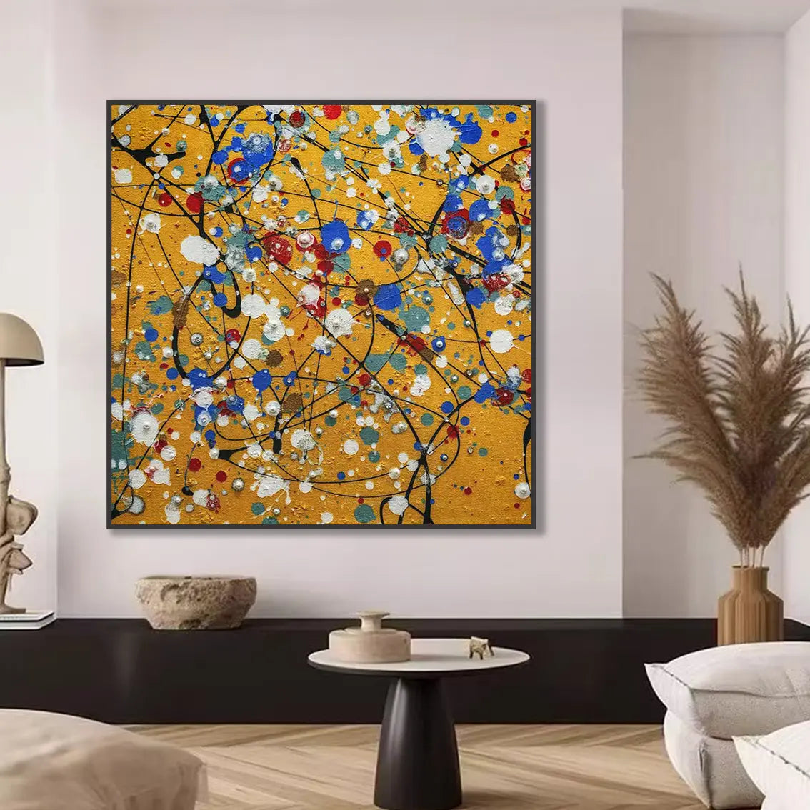 Yellow abstract wall art for modern living room with textured pearl details.
