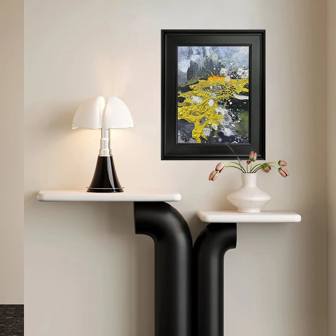 Yellow abstract wall art with textured finish and pearl, crystal inlay for a luxurious modern touch.