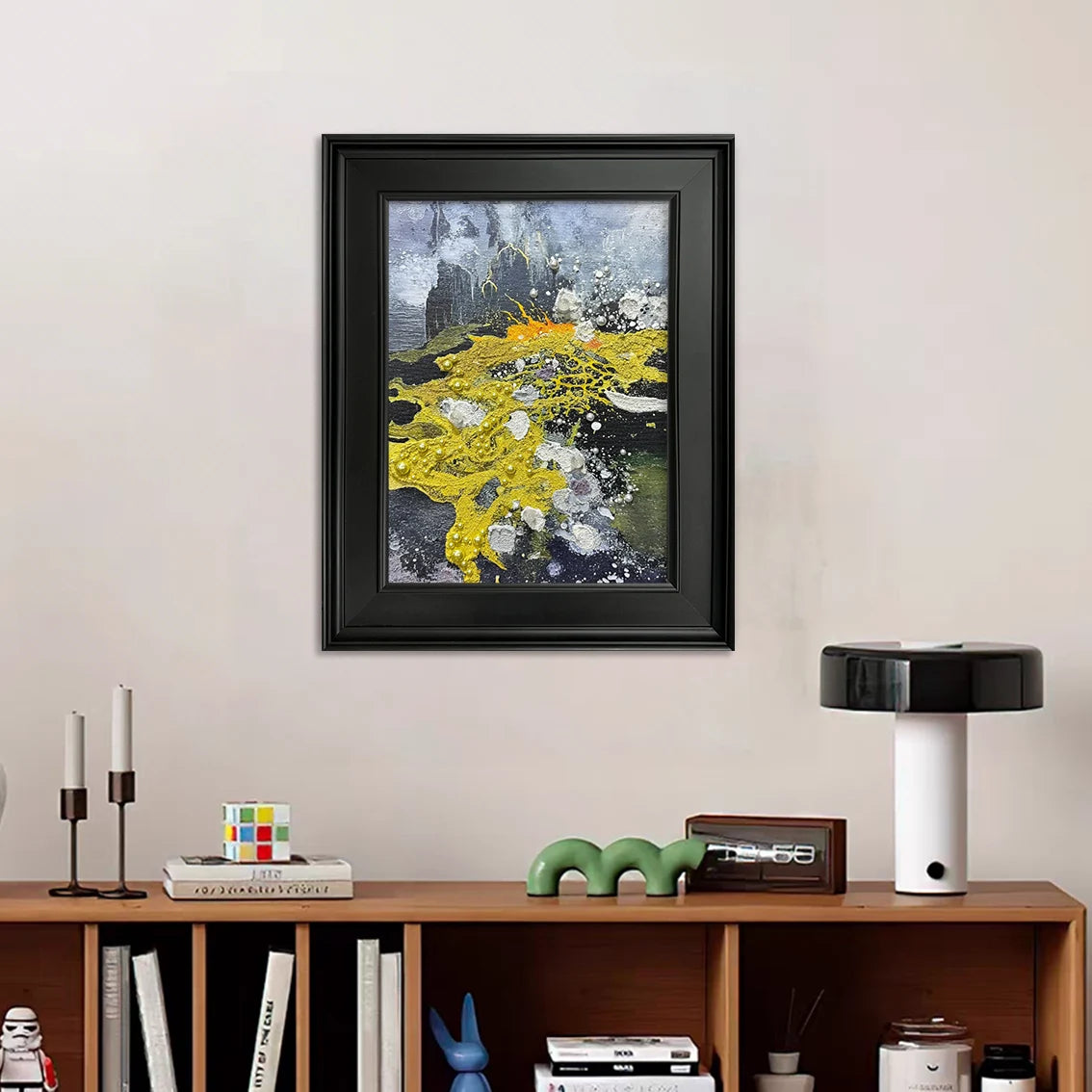 Yellow and black abstract textured wall art with pearl and crystal inlay, perfect for modern décor.