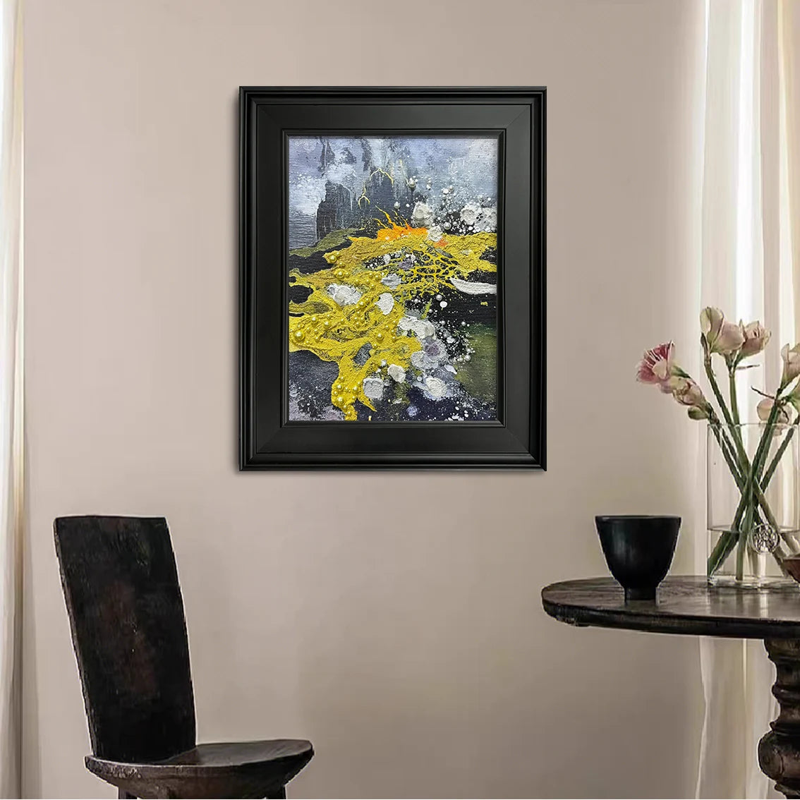 Yellow and black wall art with pearl and crystal inlay, featuring an abstract design and textured finish.