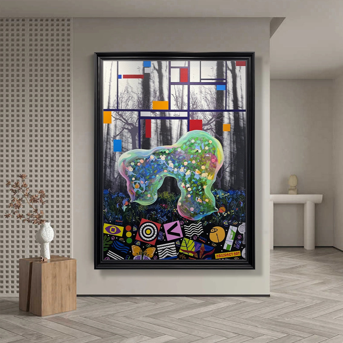 Abstract pearl textured wall decor featuring vibrant colors in a stylish modern hallway.