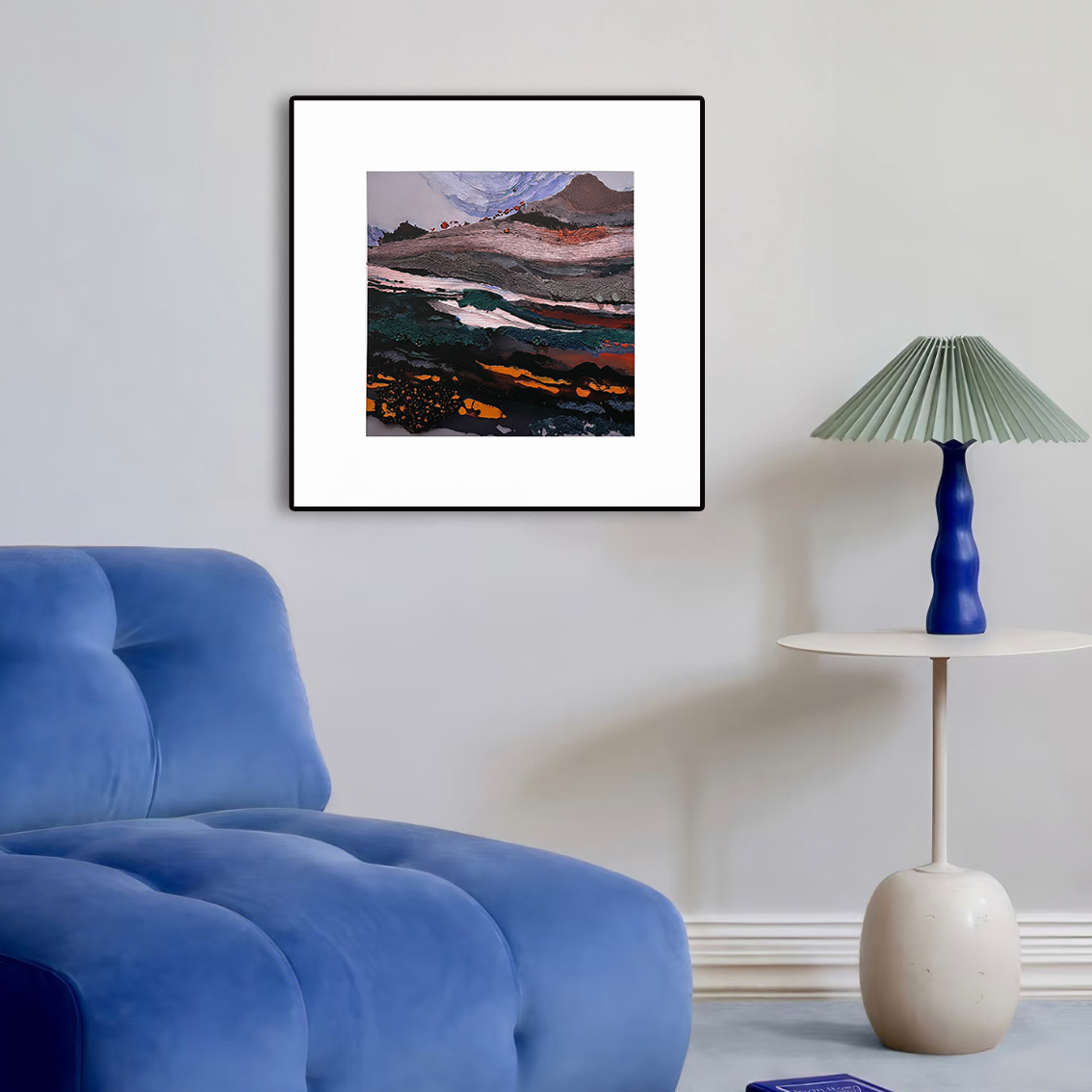 Abstract wall art with heavy texture and crystal inlay, adding modern decorative style to living room wall decor.
