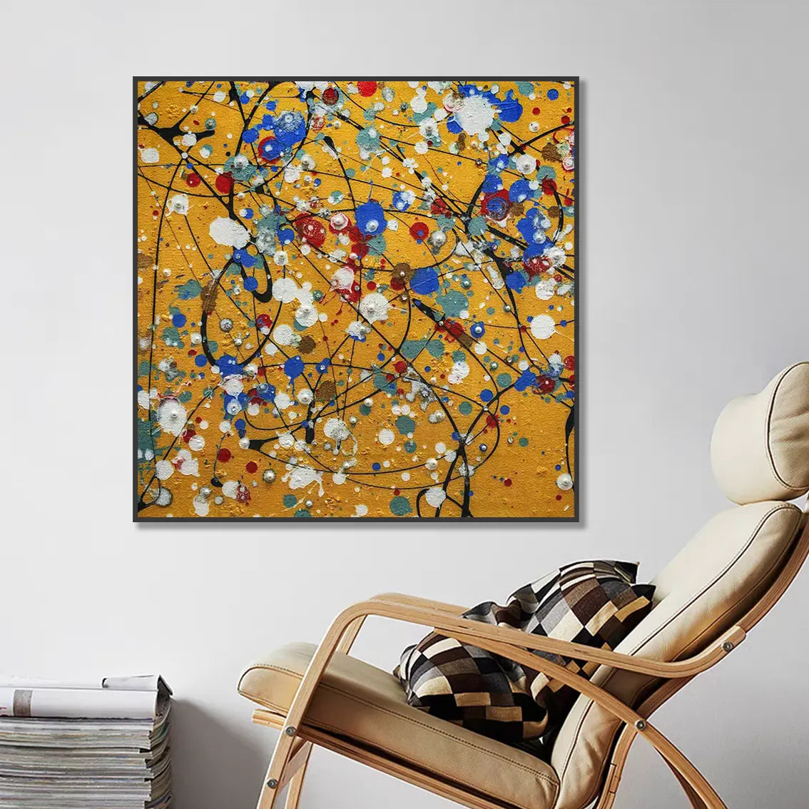 Abstract textured pearl wall art for living room, bold yellow modern wall decor.