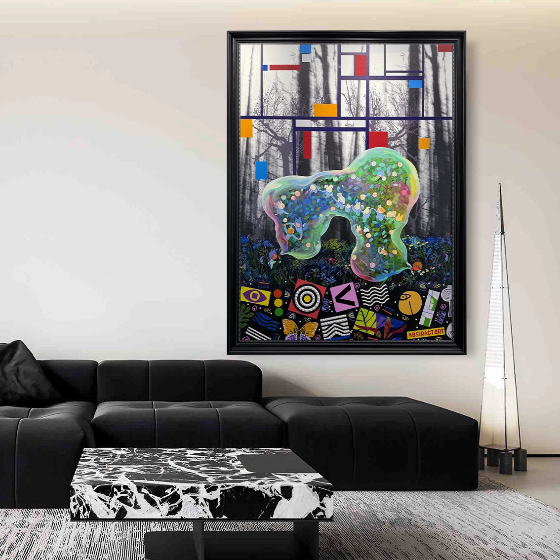 Abstract textured wall decor with vibrant pearl details showcased above a black sofa.