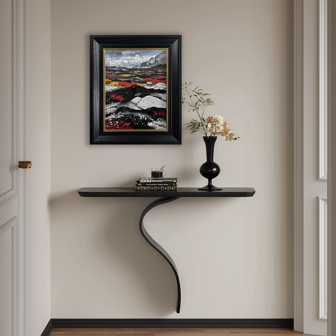 Abstract textured wall art with pearl inlay in contemporary room. A luxurious design piece.