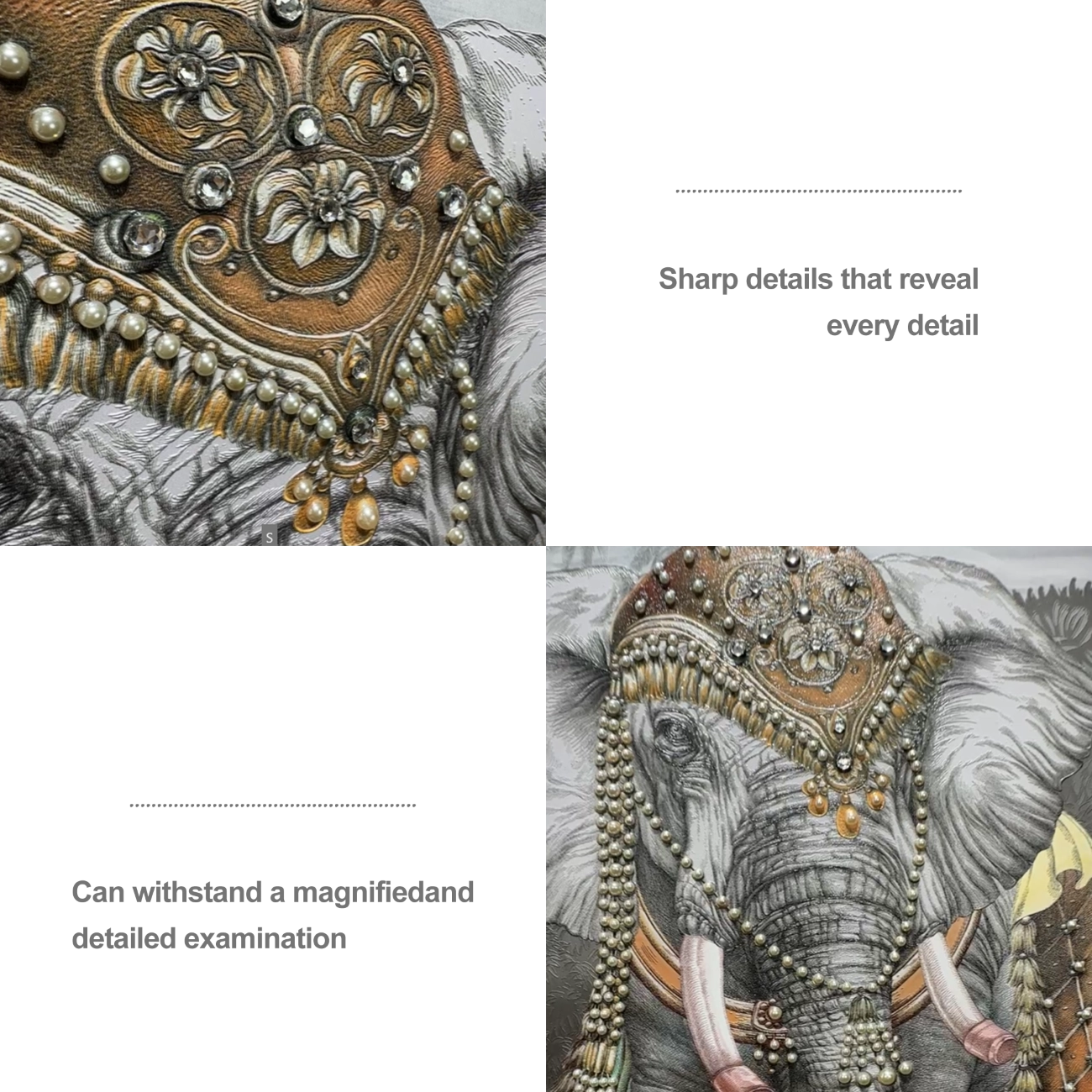 Artstellary elephant wall art detail showing pearl and diamond inlay with rich textured craftsmanship.