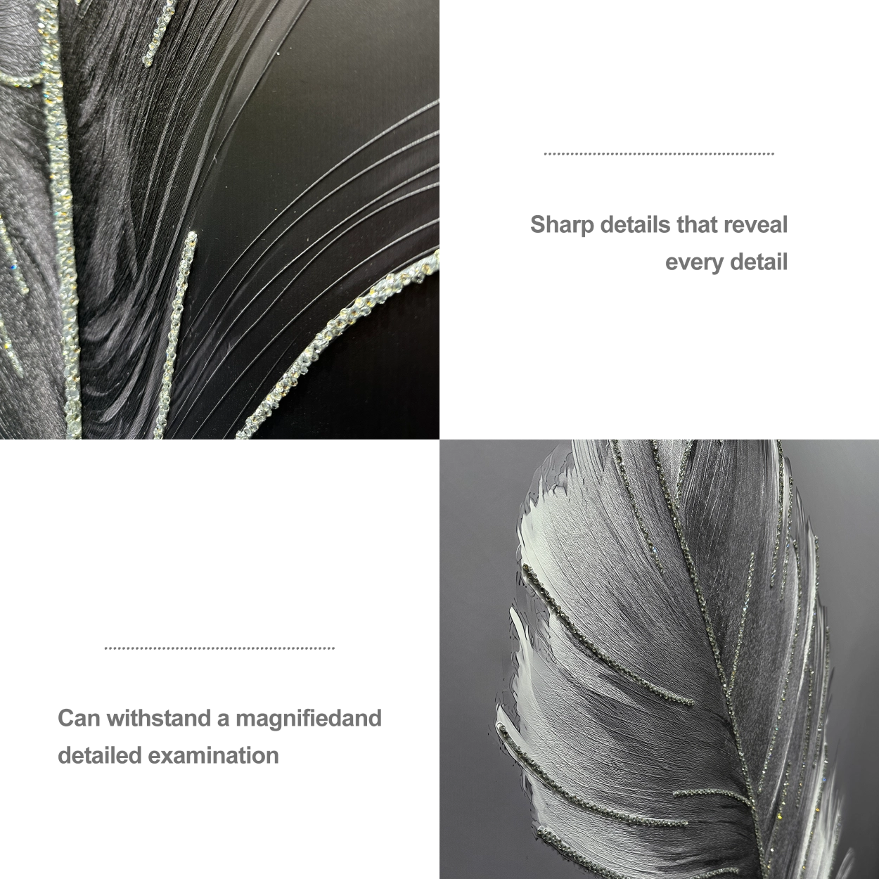 Artstellary diamond-inlay silver feather wall art showing detailed textured craftsmanship for luxury decor.