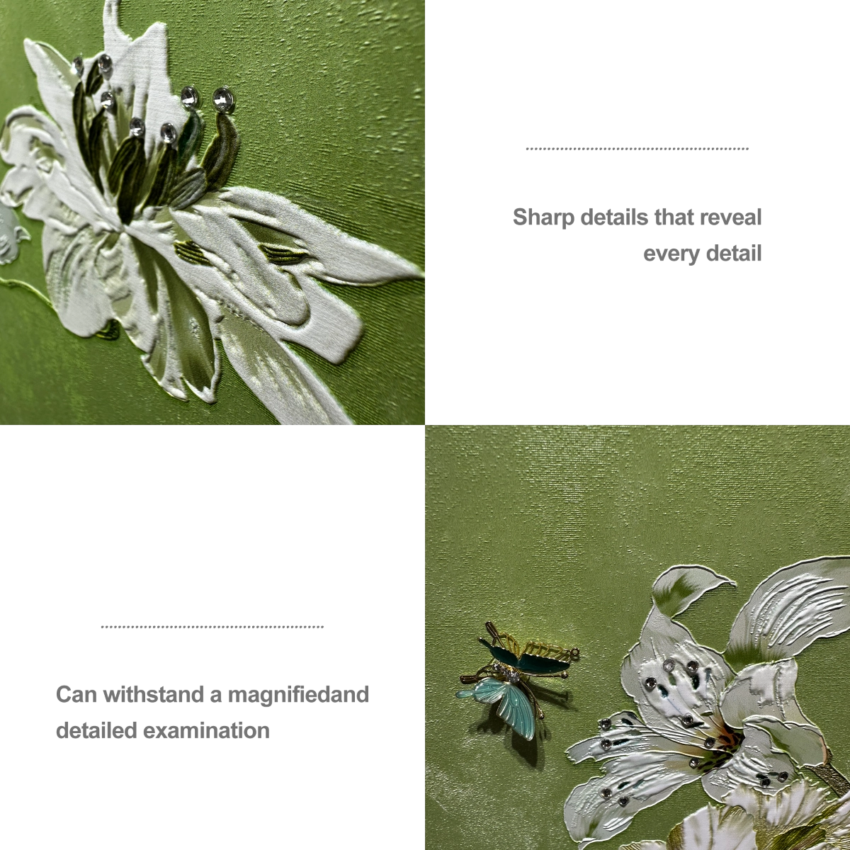 Artstellary floral wall art detail showing textured petals and diamond inlay for refined modern wall decor.