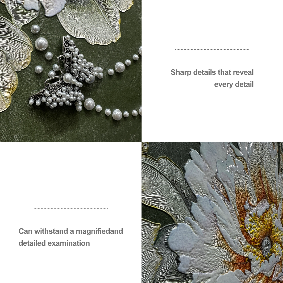 Artstellary floral wall art close-up showing pearl inlay and heavy textured detailing with vivid depth.