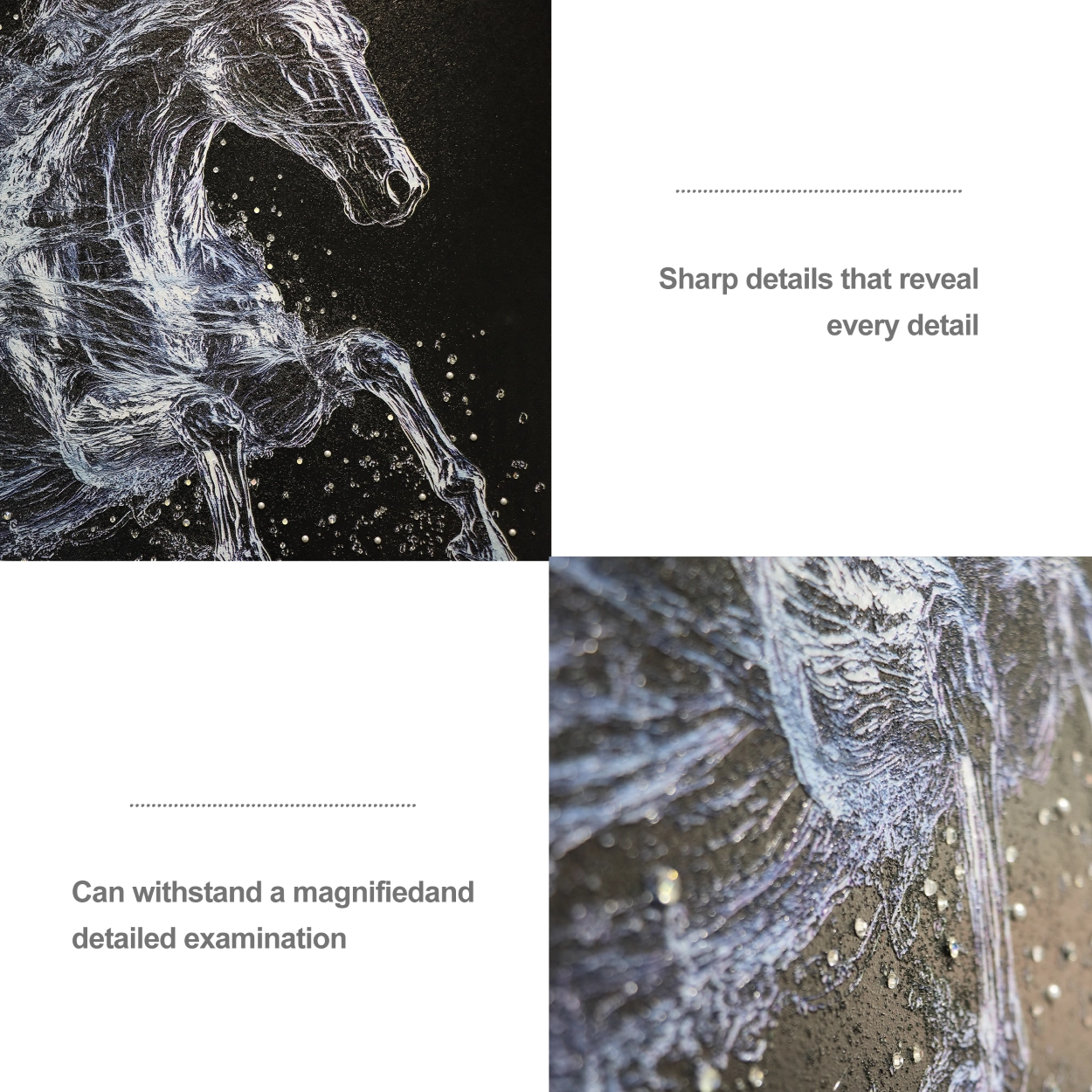Close-up of textured galloping horse wall art with diamond inlay showcasing refined craftsmanship.