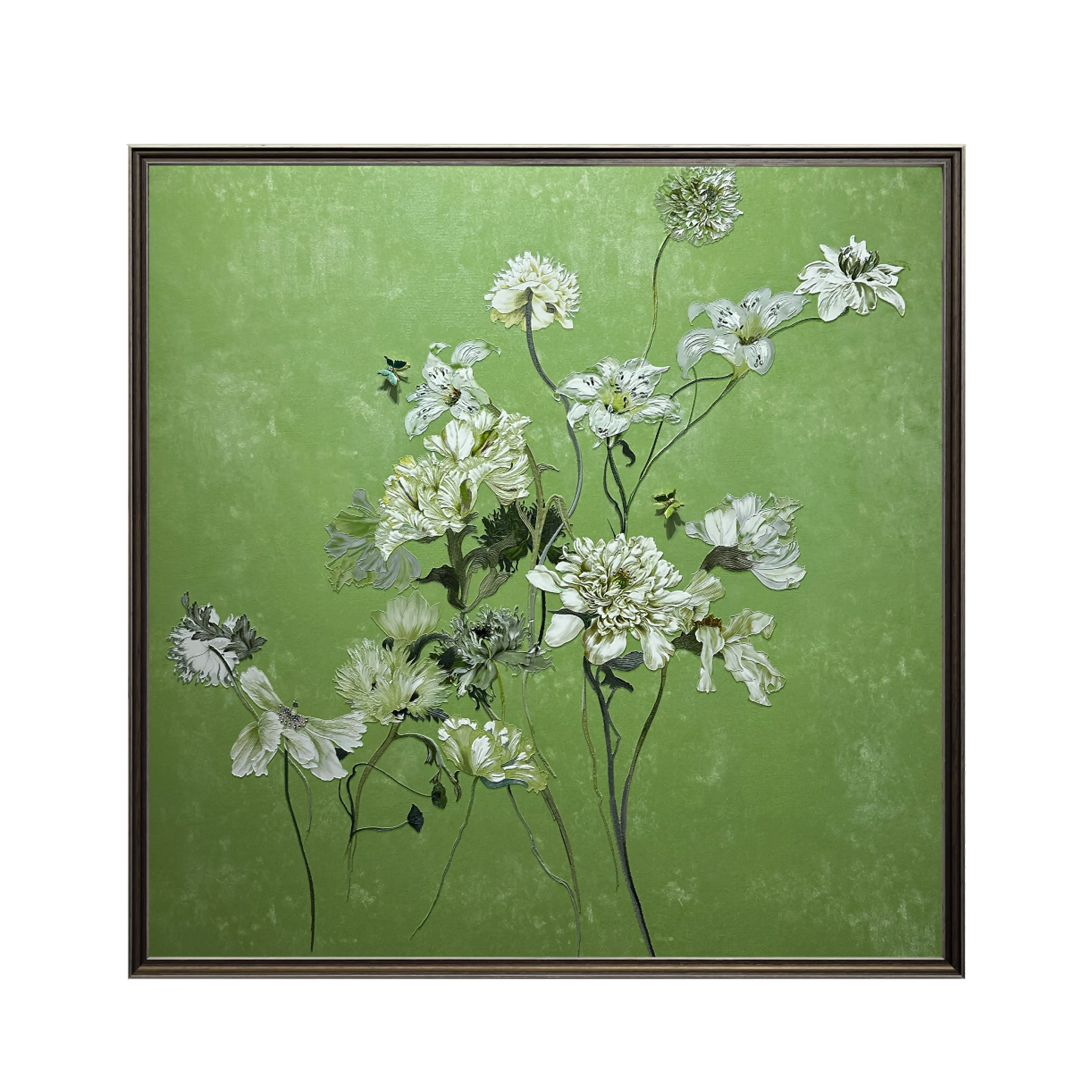 Artstellary green floral textured wall art with diamond inlay, featuring detailed craftsmanship and vibrant decor.