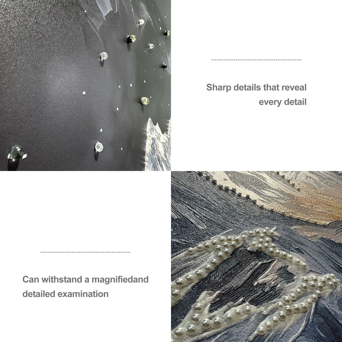 Artstellary pearl-crystal inlay detail on textured mountain wall art, highlighting depth and craftsmanship.