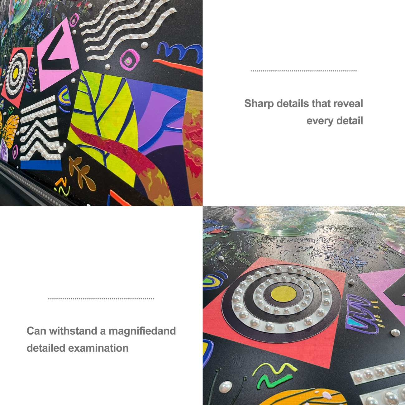 Artstellary pearl inlay and textured details of abstract colorful wall art shown in close-up view.