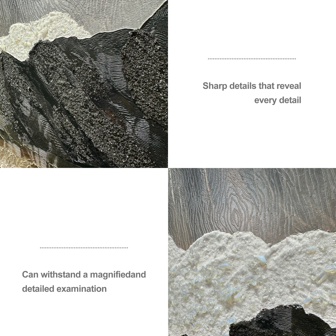 Close-up details of Artstellary textured painting with crystal accents, highlighting sharp craftsmanship and texture.