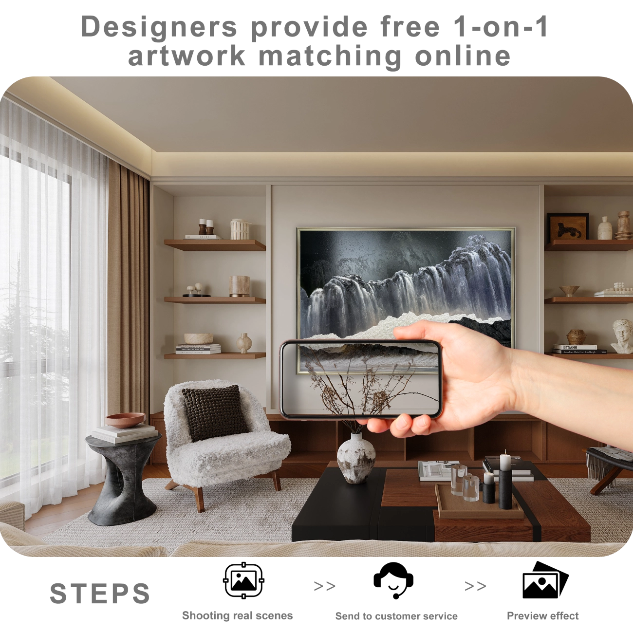 Free online artwork matching service showing wall art placement preview for modern home decor styling.