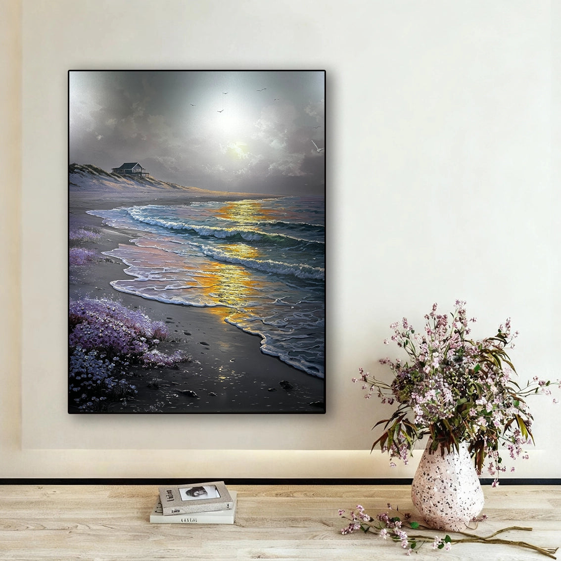 Beach sunset textured wall art with pearl floral details shown in a minimal home space
